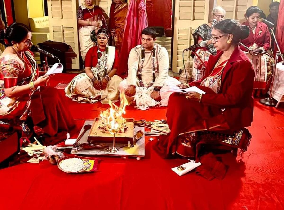 Using Vedic mantras to write a new script, Bhowmik transforms the wedding arena into a space that gives women a more equal start in the marital journey. Using Vedic mantras to write a new script, Bhowmik transforms the wedding arena into a space that gives women a more equal start in the marital journey.