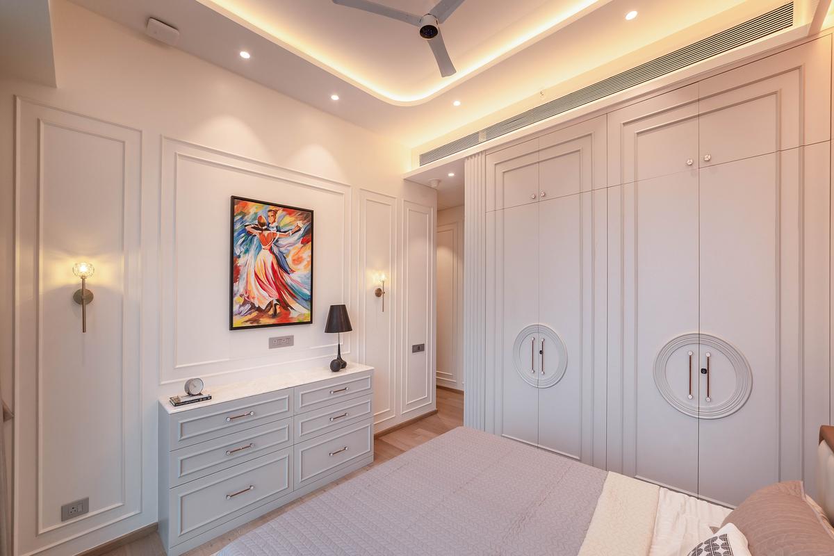 Muted tones, bold mood in the bedroom.