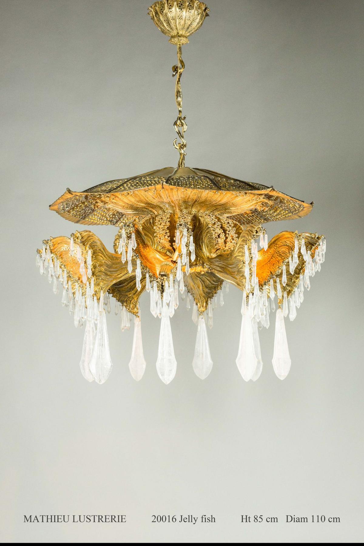 JellyFish chandelier in antique bronze work with applied gilding and aged silver, and rock crystal beads.