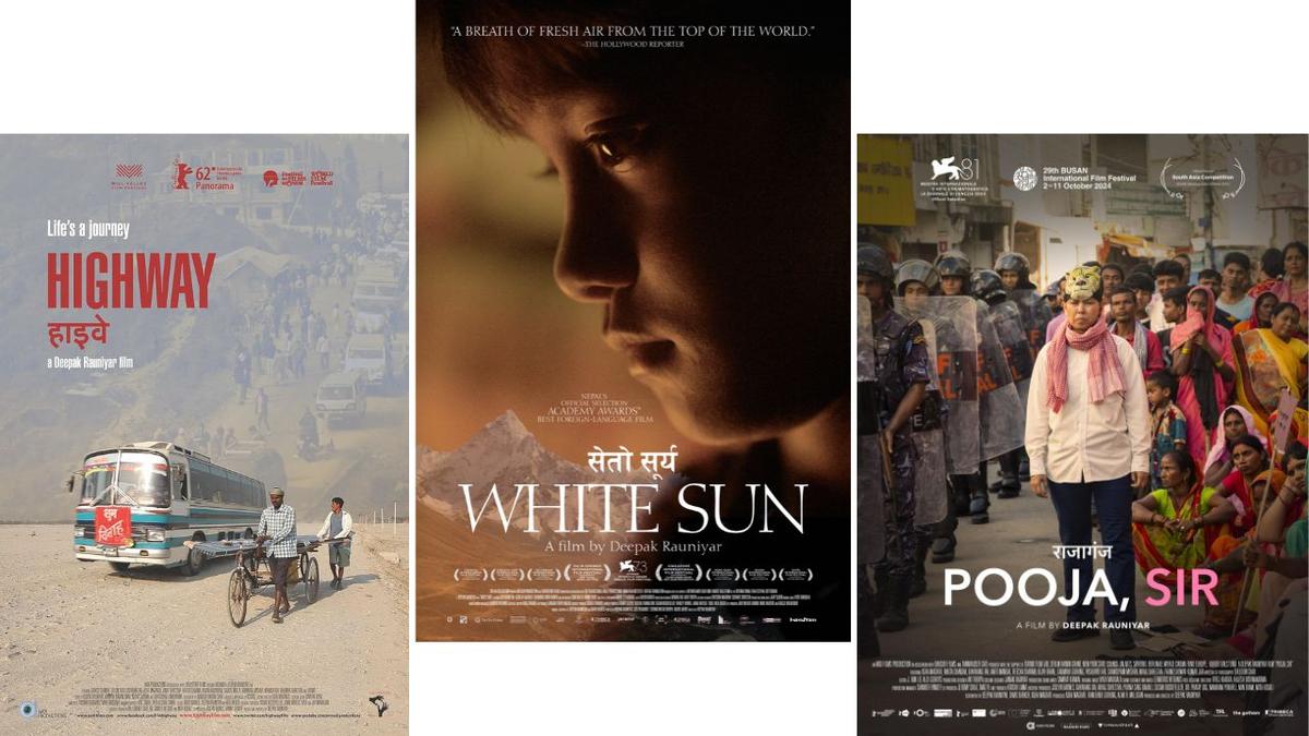Posters of the films that make up Deepak Rauniyar’s post-war trilogy: ‘Highway’, ‘White Sun’ and ‘ Pooja, Sir’, made in the last two decades.