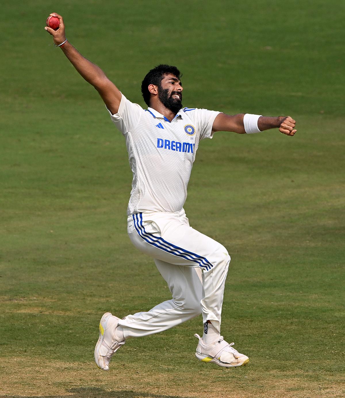 Jasprit Bumrah of India in bowling action during day two of the 2nd Test Match between India and England at ACA-VDCA Stadium on February 03, 2024 in Visakhapatnam.