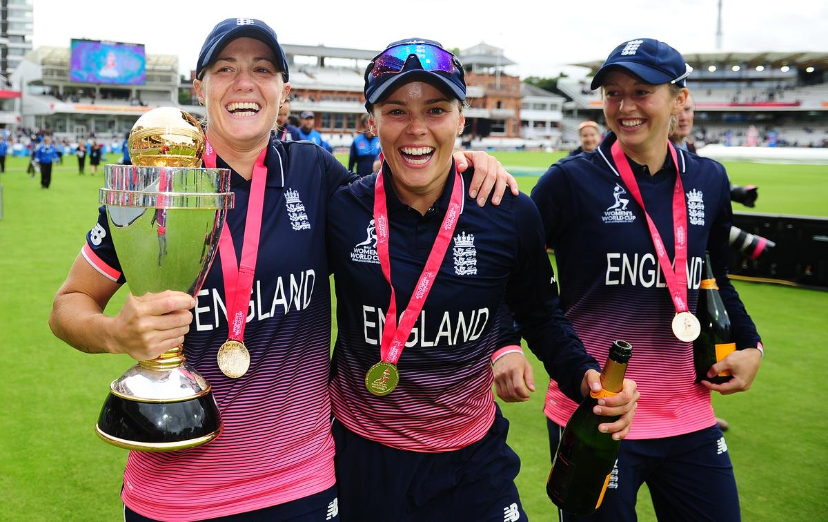 On top of the world: Hartley, centre, played an important role in England winning the 2017 World Cup. She was the side’s second-highest wicket-taker. | Photo credit: Getty Images