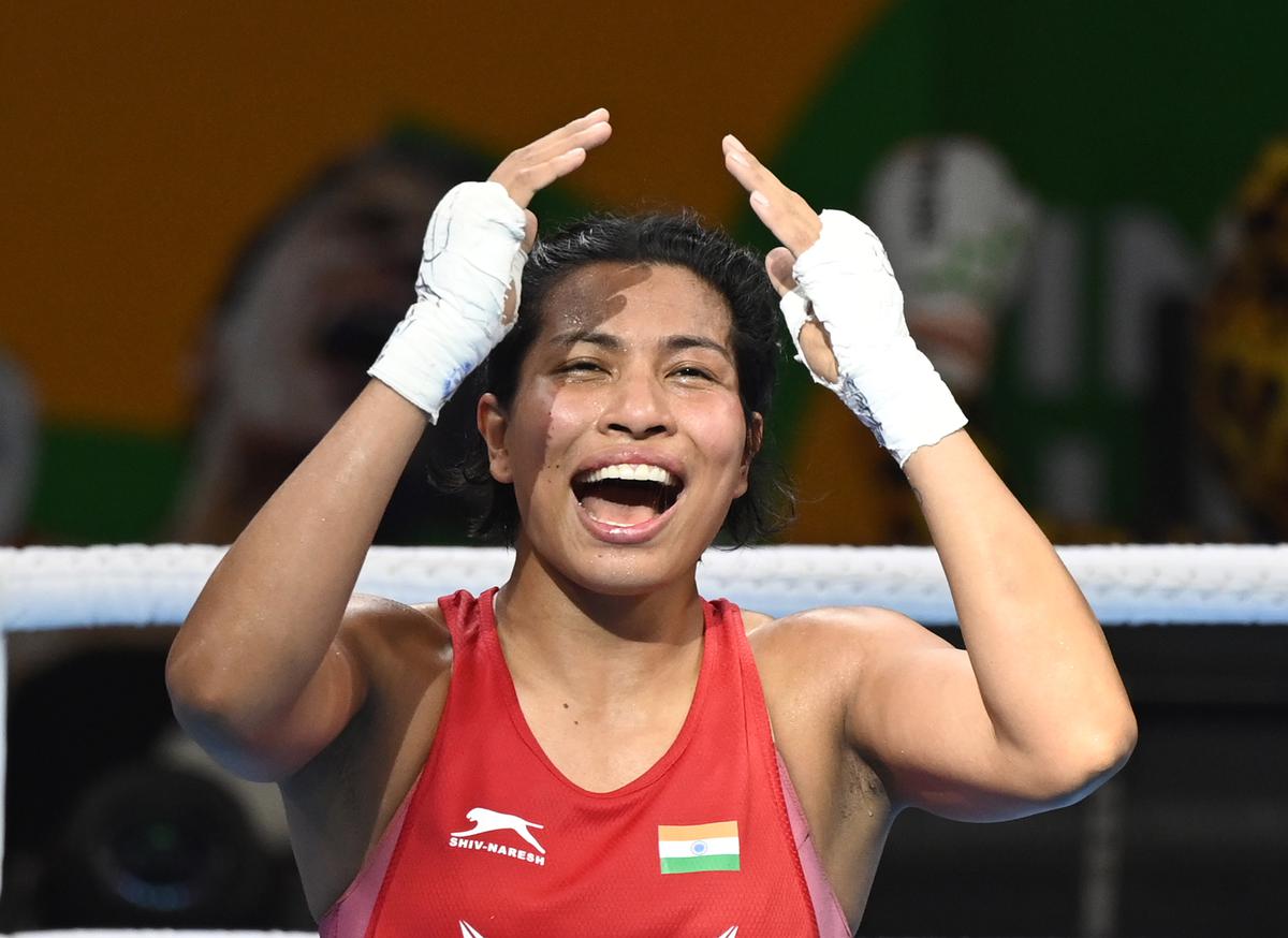 Lovlina Borgohain reacts after winning her 70-75kg- (Light Flyweight) category semifinal against Chinese boxer Li Qian at the 2023 IBA Women’s Boxing World Championships