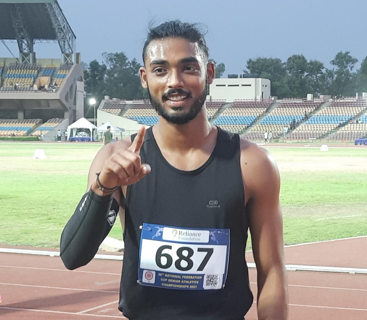 Tejas Shirse who claimed the 110m hurdles crown at the Federation Cup athletics championships in Ranchi on Wednesday. 