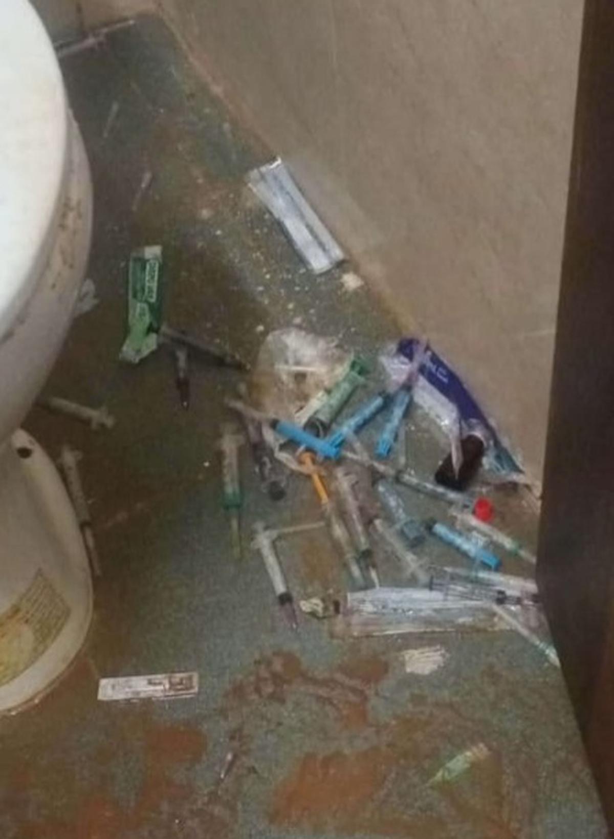 Used syringes and vials found in stadium washrooms at the National women’s varsities championships in Bhubaneswar. Photo: Special arrangement
