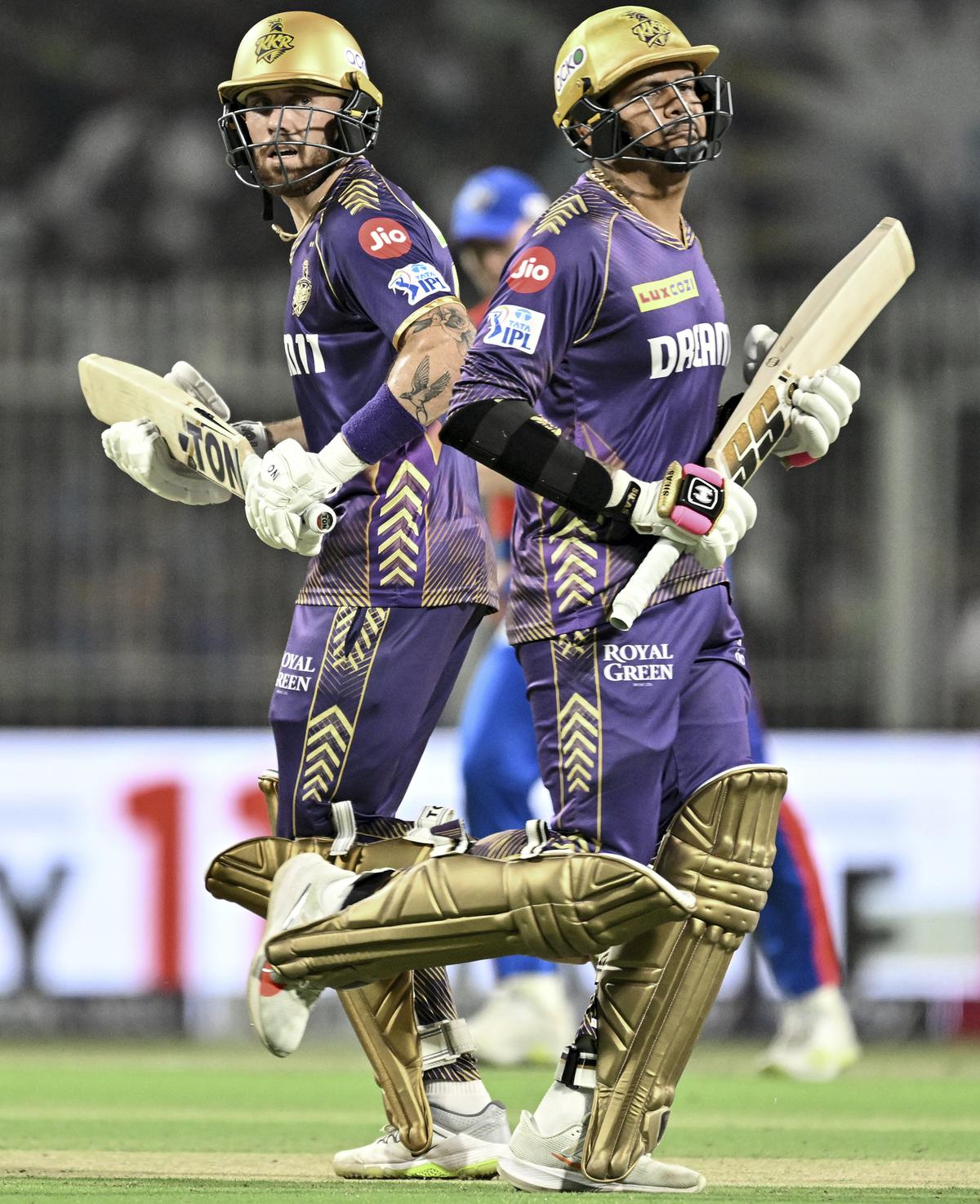 Phil Salt and Sunil Narine take a run during the IPL match between Kolkata Knight Riders and Delhi Capitals.
