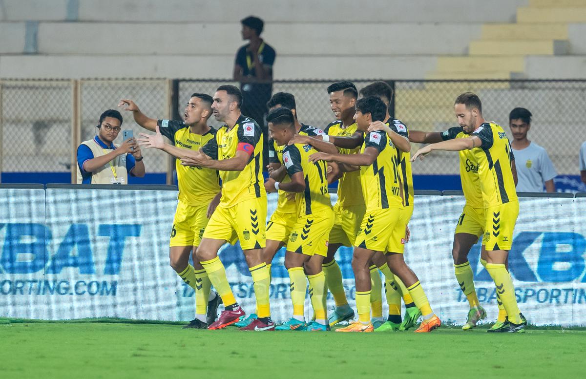Hyderabad FC players celebrate after Mohammed Yasir’s strike against Odisha FC in the Indian Super League football at the G.M.C. Balayogi Athletic Stadium, Hyderabad, on  November 5, 2022.