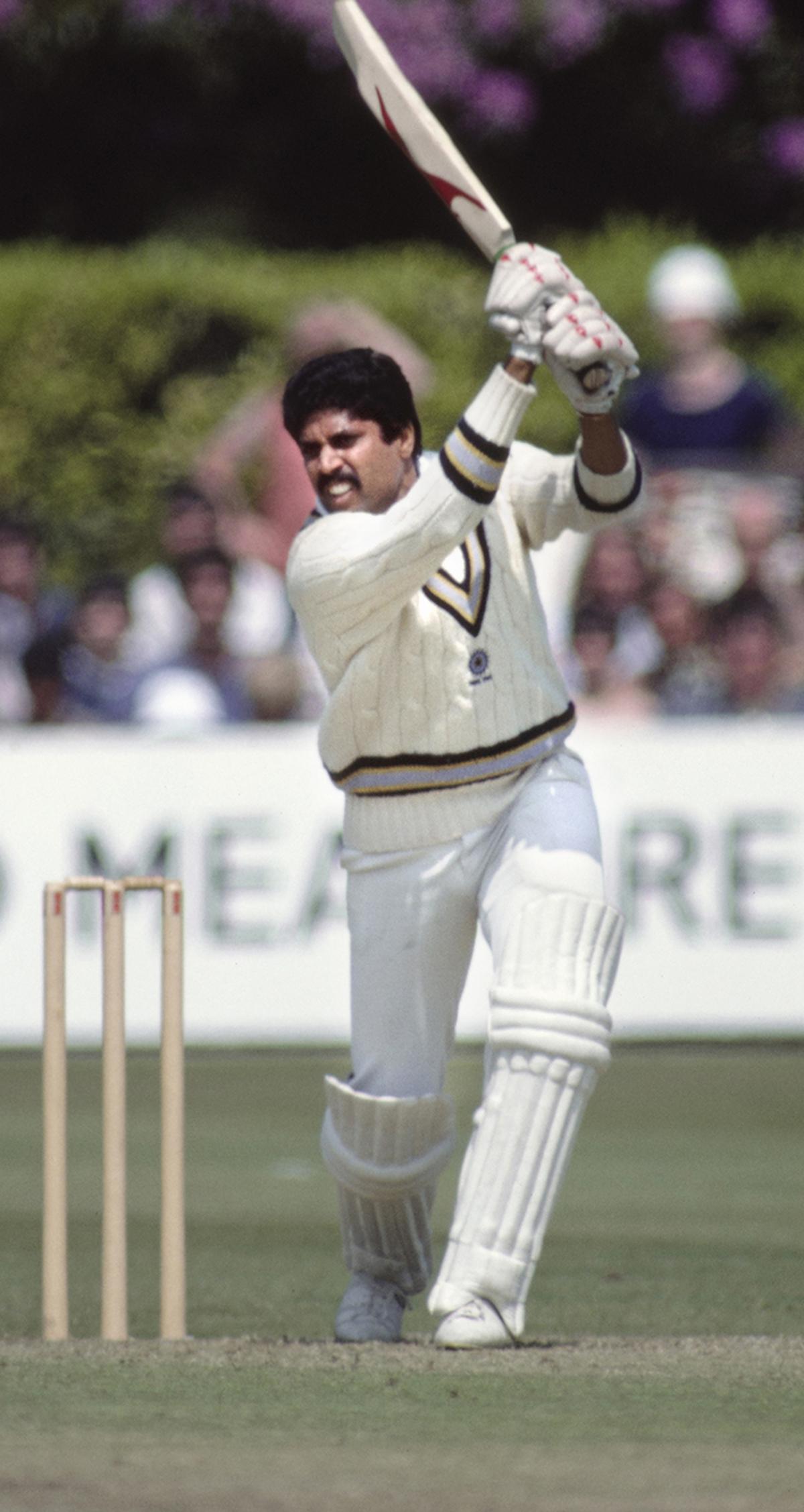 TUNBRIDGE WELLS, ENGLAND - JUNE 18: India batsman Kapil Dev hits out during his innings of 175 not out during the 1983 Cricket World Cup finals Match between India and Zimbabwe at Tunbridge Wells on June 18th, 1983 in Tunbridge Wells, England. 