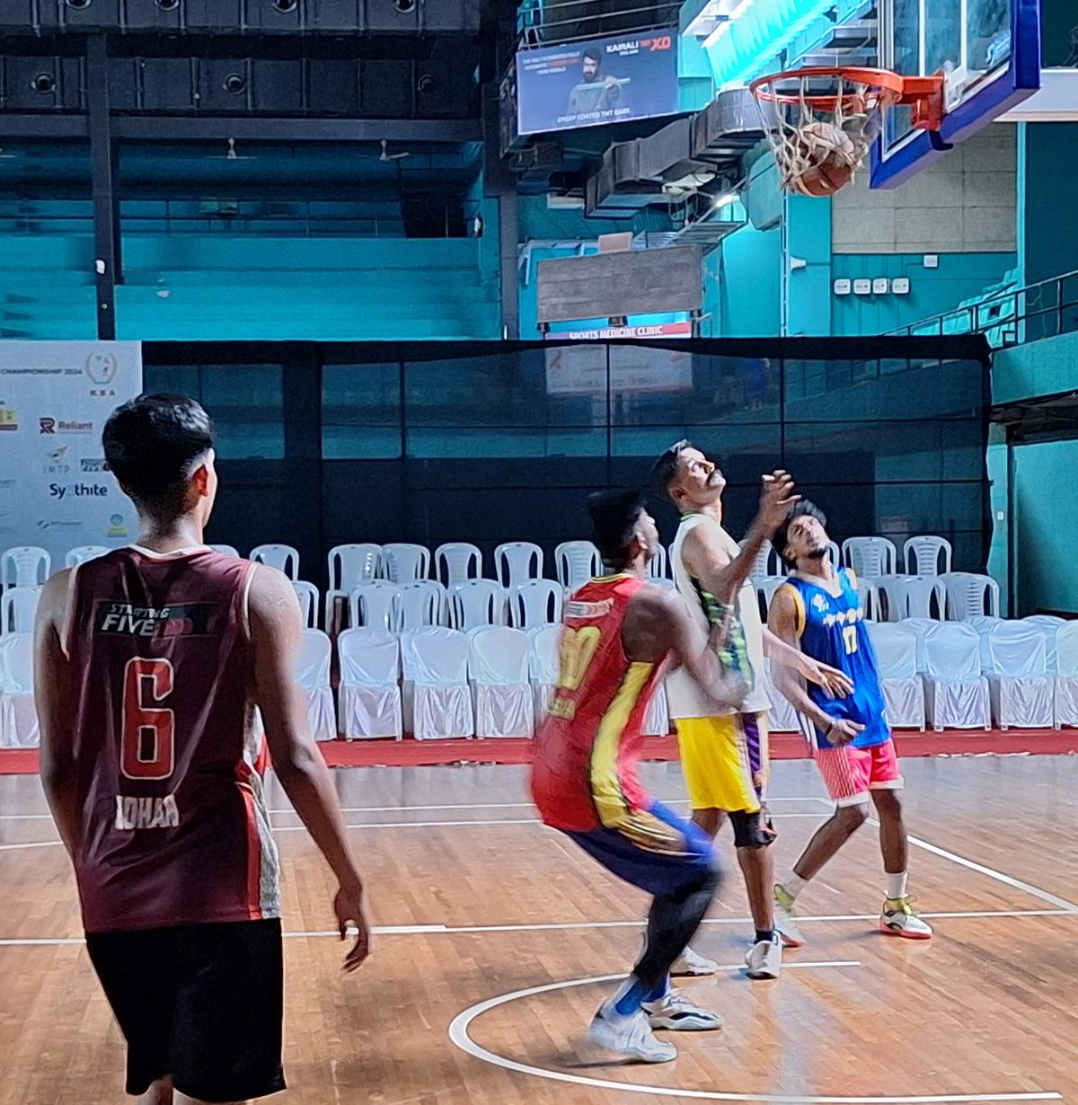 Defending champion Ernakulam men during their final training session ahead of the Kerala State senior basketball championship which begins in Kochi on Tuesday. 