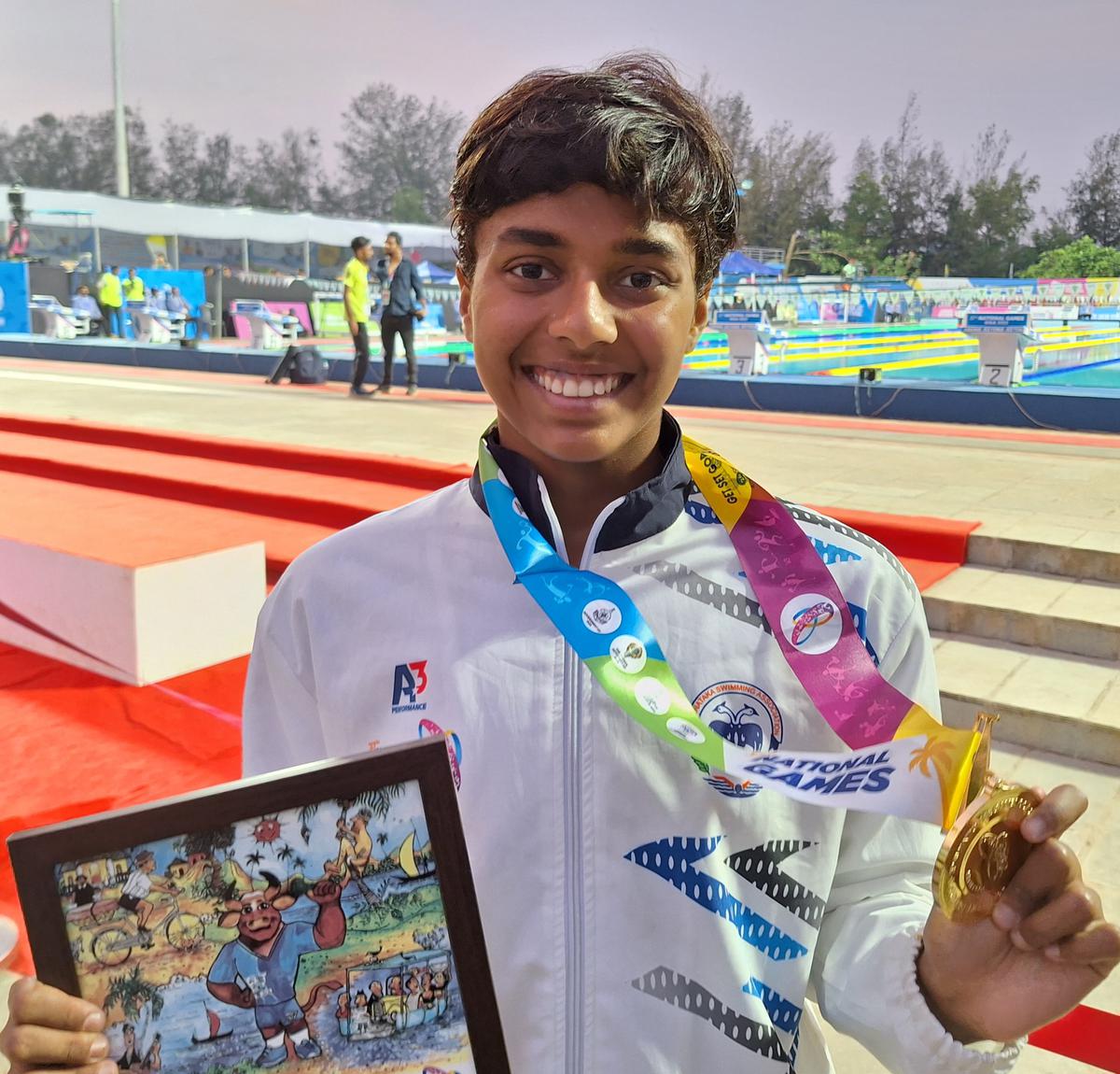 Karnataka’s 13-year-old Dhinidhi Desinghu broke the women’s 100m freestyle Games record. Stan Rayan