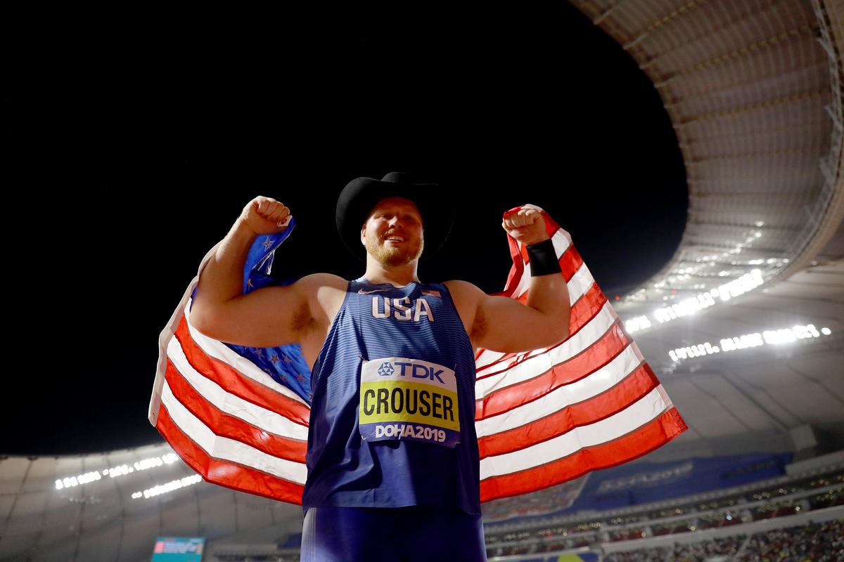 Physical specimen: Crouser is hard to miss at track meets — and not just because of the wide-brimmed cowboy hat he often wears. He is 6’7” tall and weighs 145 kg, but carries that mass nimbly. Photo credit: Getty Images