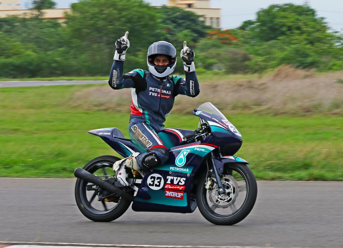 Ahamed celebrates his victory in the Pro-Stock 165cc category 