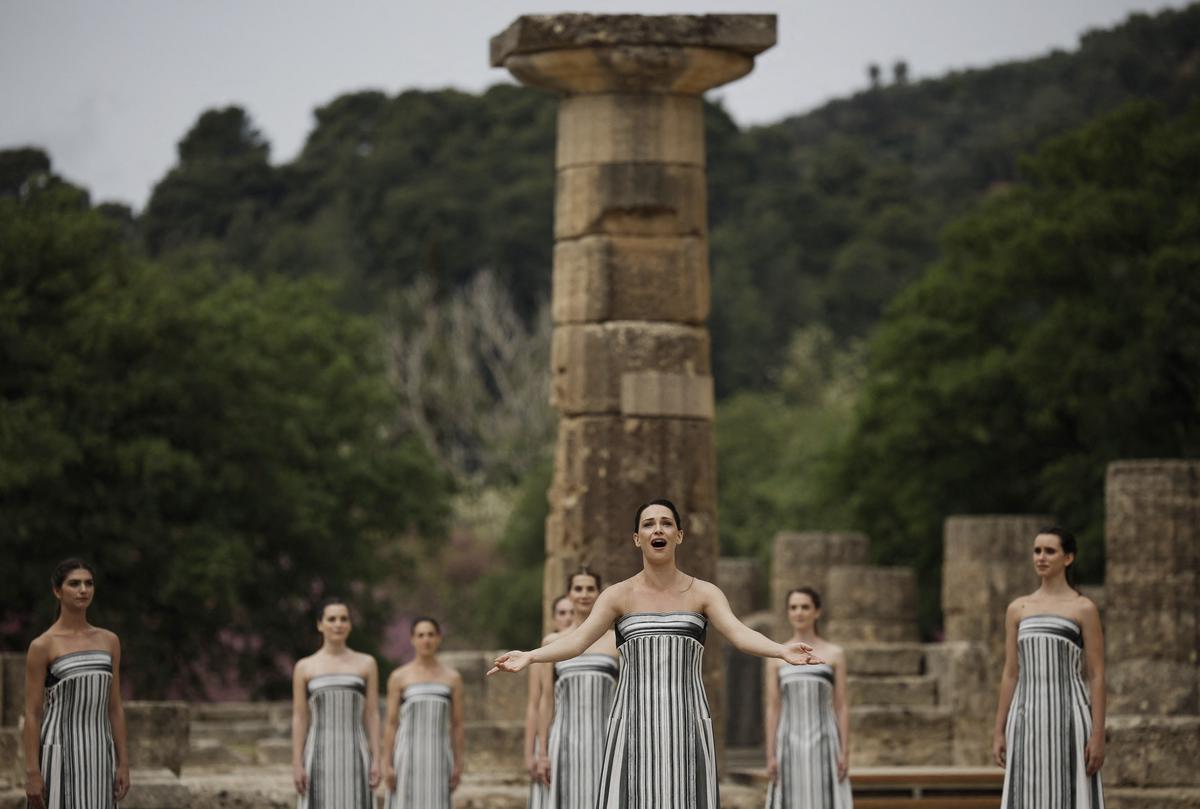 Performer acting as Priestess during the flame lighting ceremony for the Paris 2024 Olympics at the Ancient Olympia, Greece on April 16, 2024.