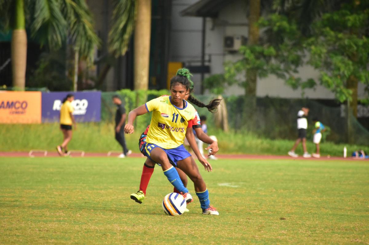 Kerala Blasters women’s team in action in the Kerala Women’s League football late last year. 