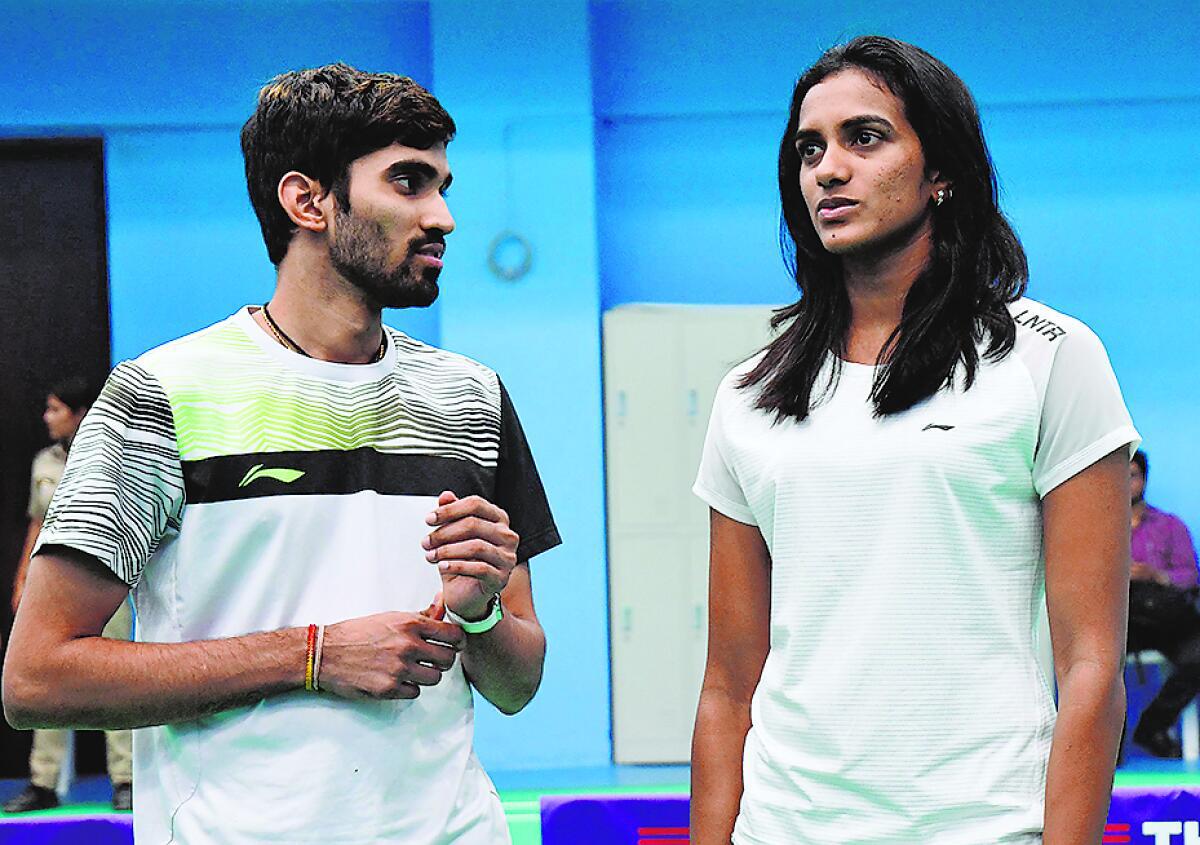 Badminton stars P.V. Sindhu (World Champion Olympic Silver Medalist) and Srikanth Kidambi (Former Badminton World No.1), interacting with kids at The Majesstine Sports, in Bengaluru on September 01, 2019. 