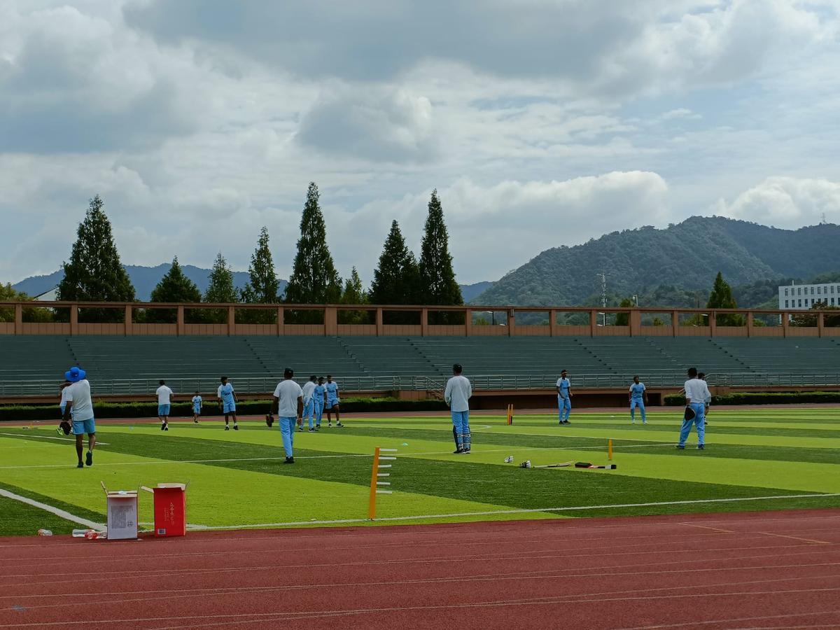 Indian cricketers are seen during a practice session ahead of the Nepal game.