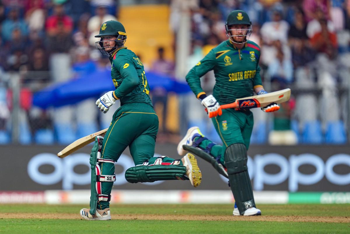 South Africa’s Quinton de Kock and Heinrich Klaasen are seen during their partnership at the ICC Cricket World Cup 2023 match against Bangladesh in Mumbai on October 24, 2023. South Africa’s Quinton de Kock and Heinrich Klaasen are seen during their partnership at the ICC Cricket World Cup 2023 match against Bangladesh in Mumbai on October 24, 2023.