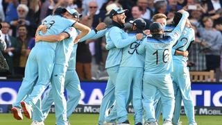 England players celebrate after winning the 2019 Cricket World Cup final against New Zealand at Lord's Cricket Ground in London on July 14, 2019.