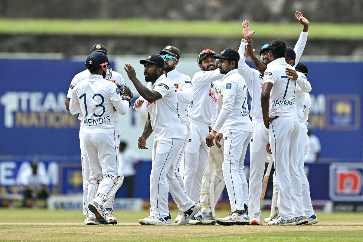 Sri Lanka players celebrate taking a wicket on Day 5 of the 1st Test against New Zealand in Galle on September 23, 2024.