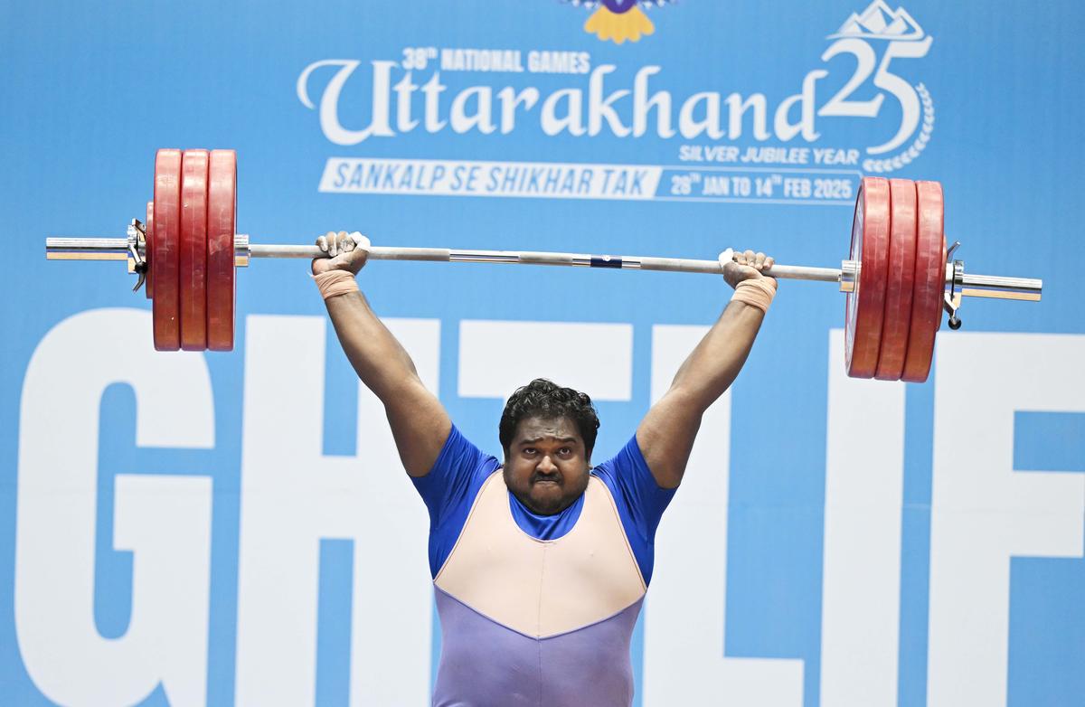 Tamil Nadu’s S. Rudramayan created a National record by lifting 175kg in the snatch event of the men’s +109k event in the National Games. 