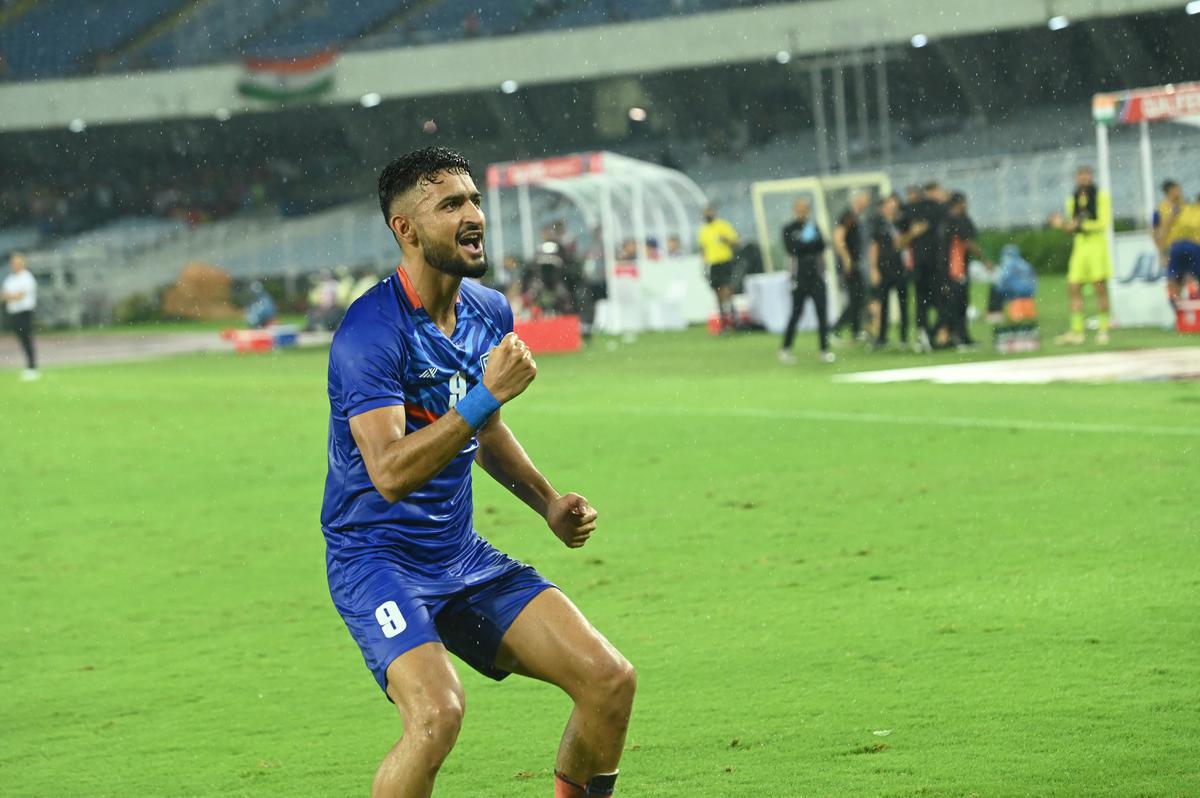 Manvir Singh celebrates after scoring in the AFC Asian Cup qualifiers.