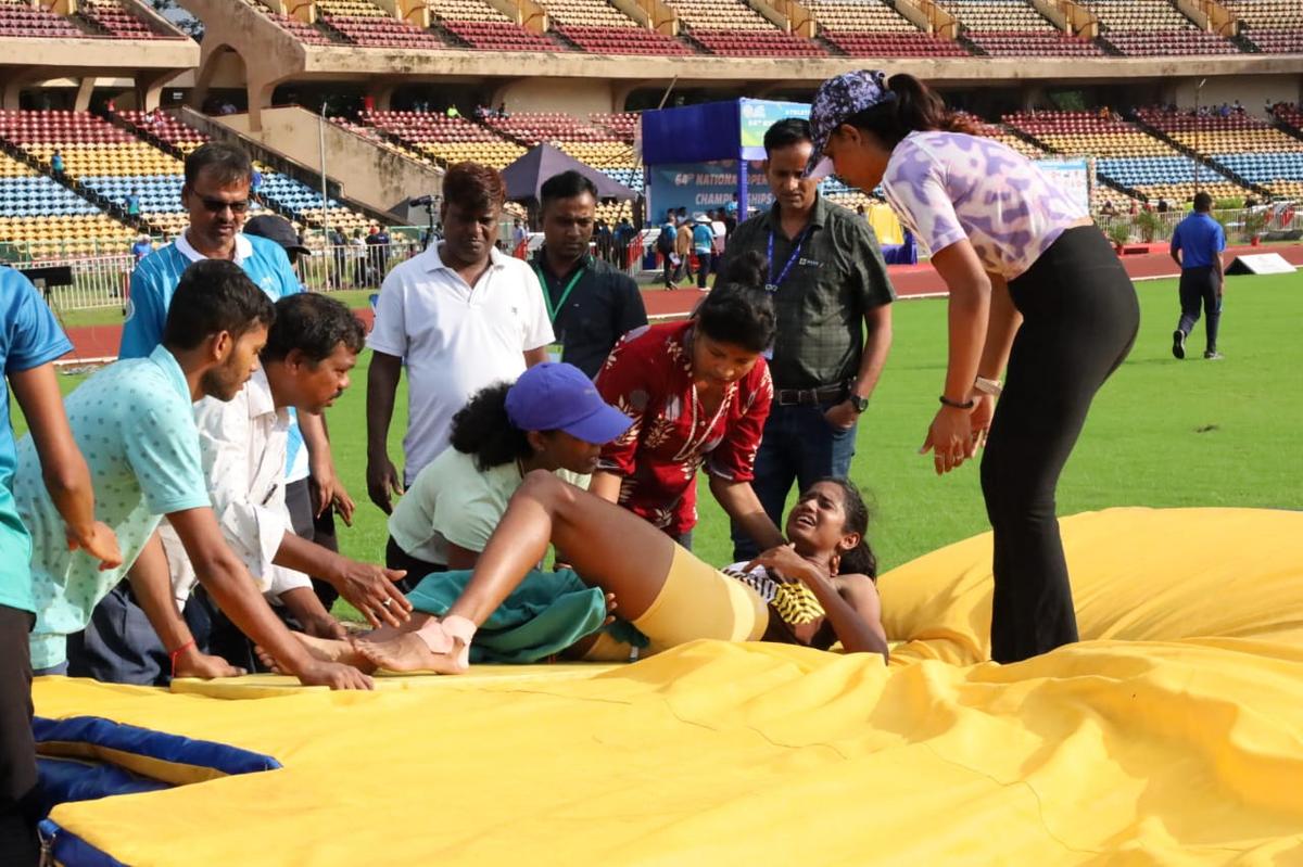 High jumper Gobika in pain after suffering a knee injury in the National Open athletics meet in Ranchi on Sunday, September 28, 2025. High jumper Gobika in pain after suffering a knee injury in the National Open athletics meet in Ranchi on Sunday, September 28, 2025.