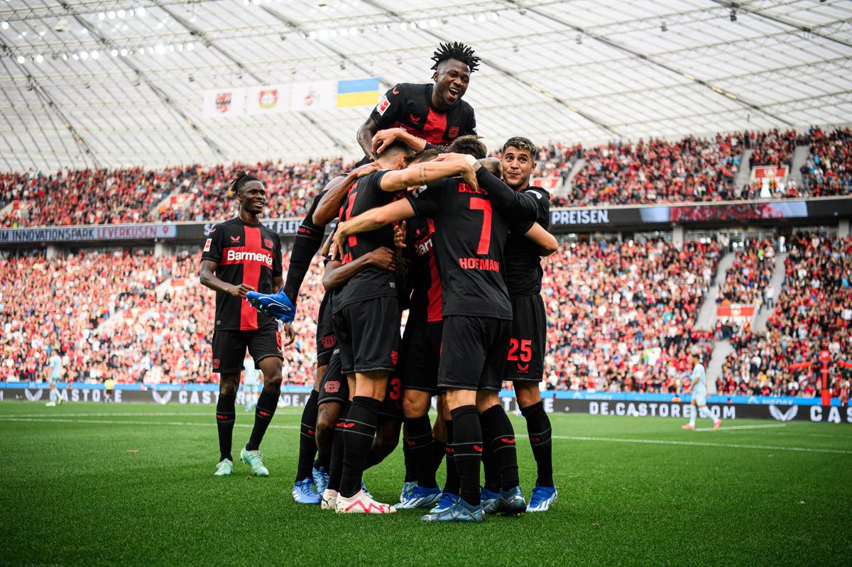 A familiar sight: Leverkusen has celebrated 34 goals in its 11 Bundesliga games so far, a rate of scoring that puts it on course for a 100-goal season. | Photo credit: Getty Images