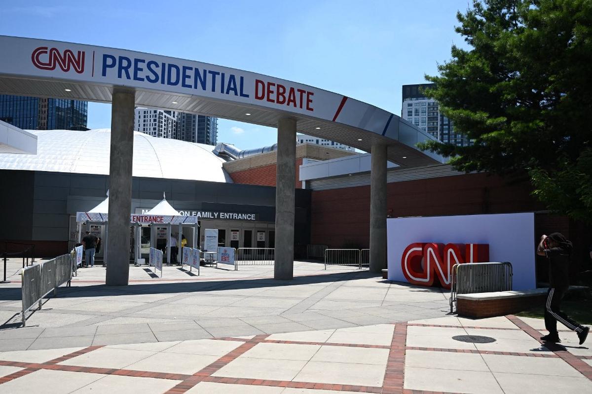 CNN signage is seen outside of the McCamish Pavilion on the Georgia Institute of Technology campus one day ahead of the first 2024 presidential debate between US President Joe Biden and former President Donald Trump, in Atlanta, Georgia, on June 26, 2024.