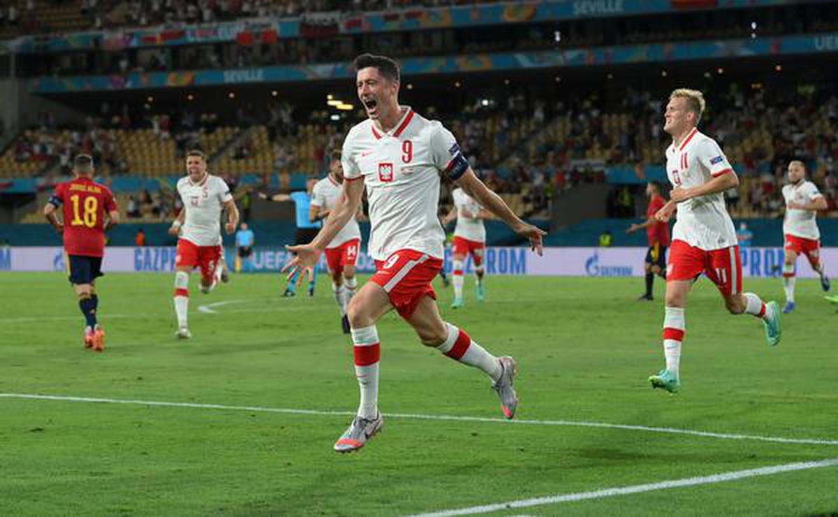 Poland’s Robert Lewandowski celebrates scoring Poland’s first goal vs Spain in Euro 2020 match at La Cartuja Stadium, Seville, Spain on June 19, 2021. 