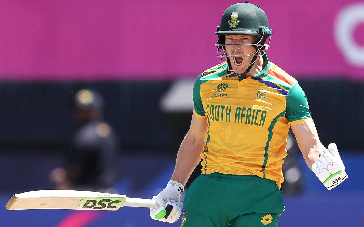 David Miller celebrates following the team’s victory in the ICC Men’s T20 Cricket World Cup match between Netherlands and South Africa.