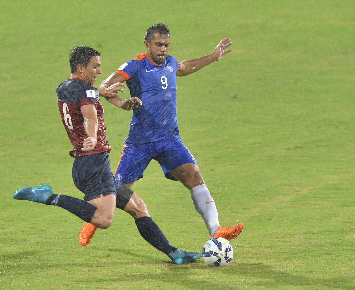 India’s Robin Singh (No.9) in action during the 2018 FIFA World Cup qualifying match against Guam in Bengaluru.