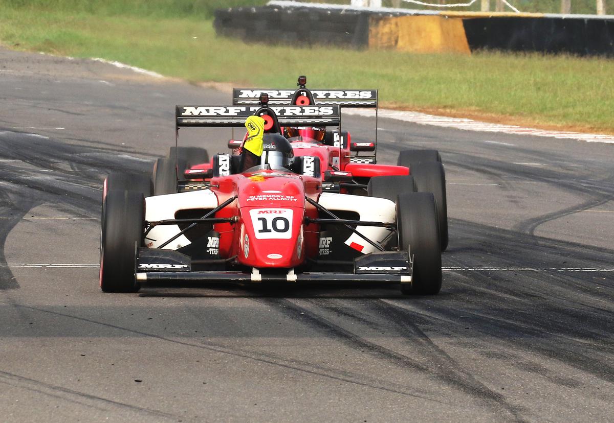 Kolkata’s Arya Singh celebrating his maiden win in the MRF Formula 2000 category.