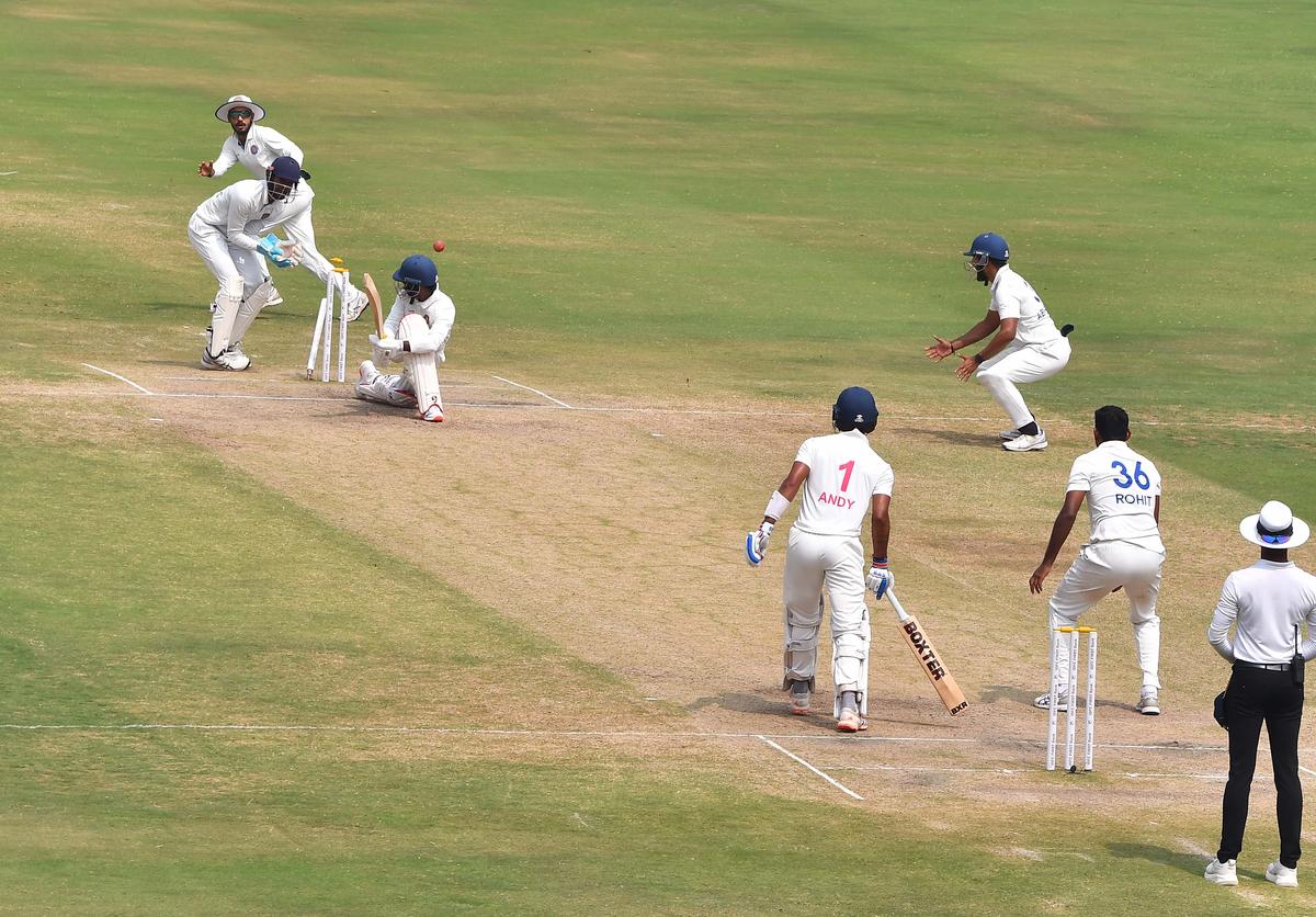 Pondicherry’s G. Sridhar Raju is castled by Rohit Rayudu in the Ranji Trophy Elite Group B match between Hyderabad and Pondicherry at the Rajiv Gandhi Stadium, Hyderabad, on Tuesday, October 29, 2024.