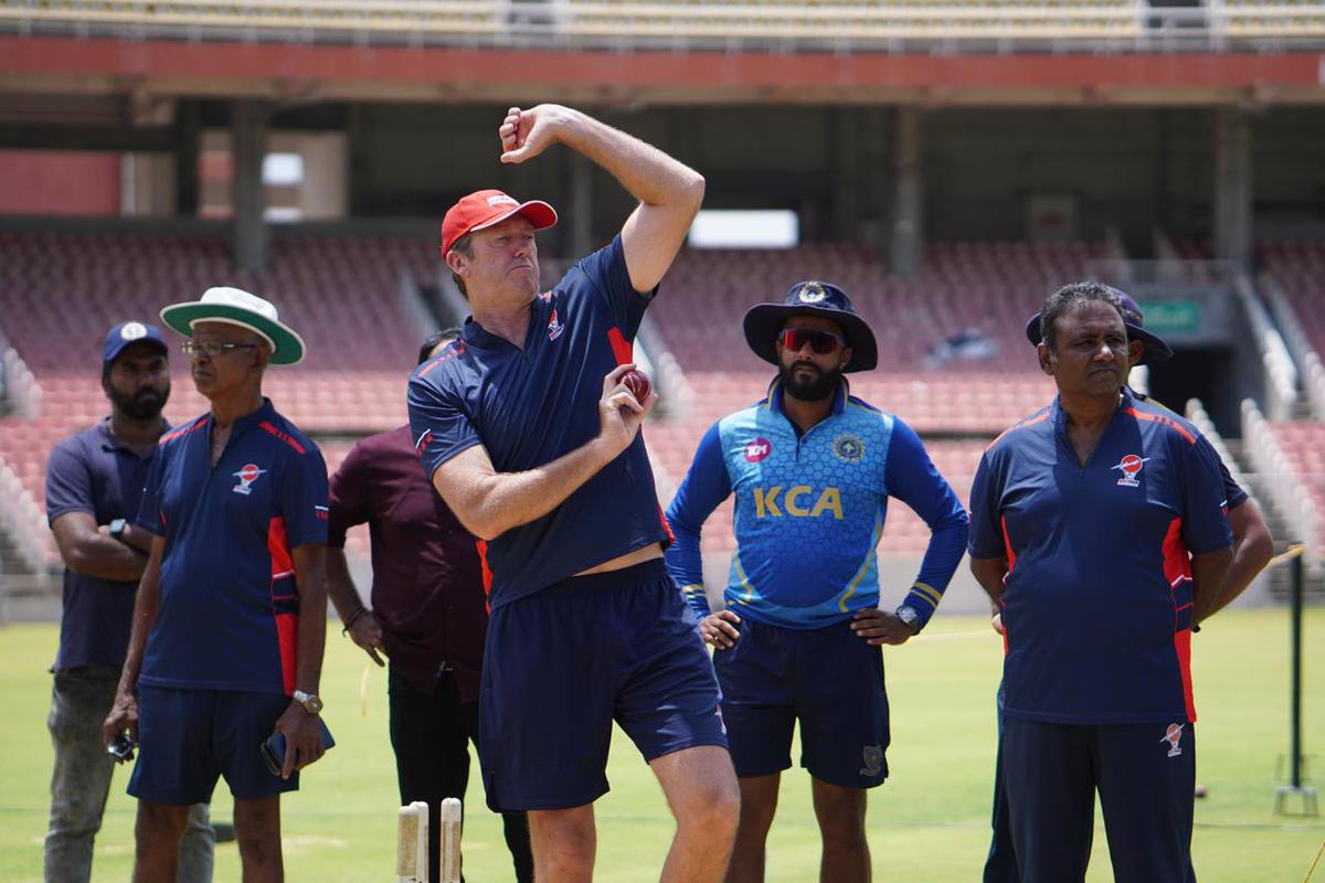 Glenn McGrath with trainees at the MRF Pace Academy.