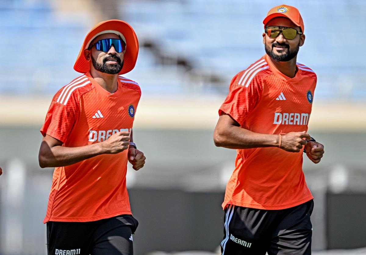 Indian bowlers Mohammed Siraj and Akash Deep during a practice session ahead of the fourth Test Match between India and England at JSCA International Stadium Complex in Ranchi. 