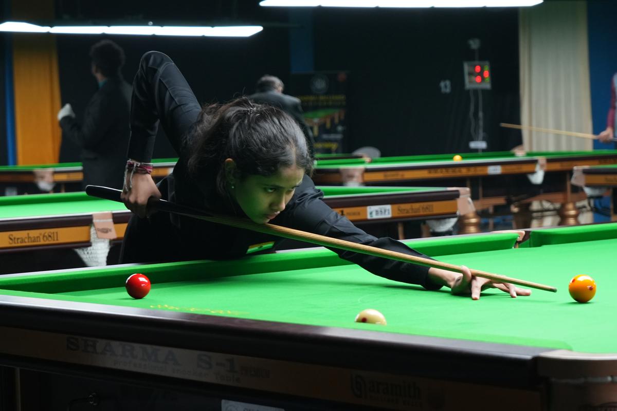 Natasha Chethan the sub-junior snooker winner in action during the 90th National Billiards & Snooker Championships in Chennai on Wednesday, December 20, 2023.