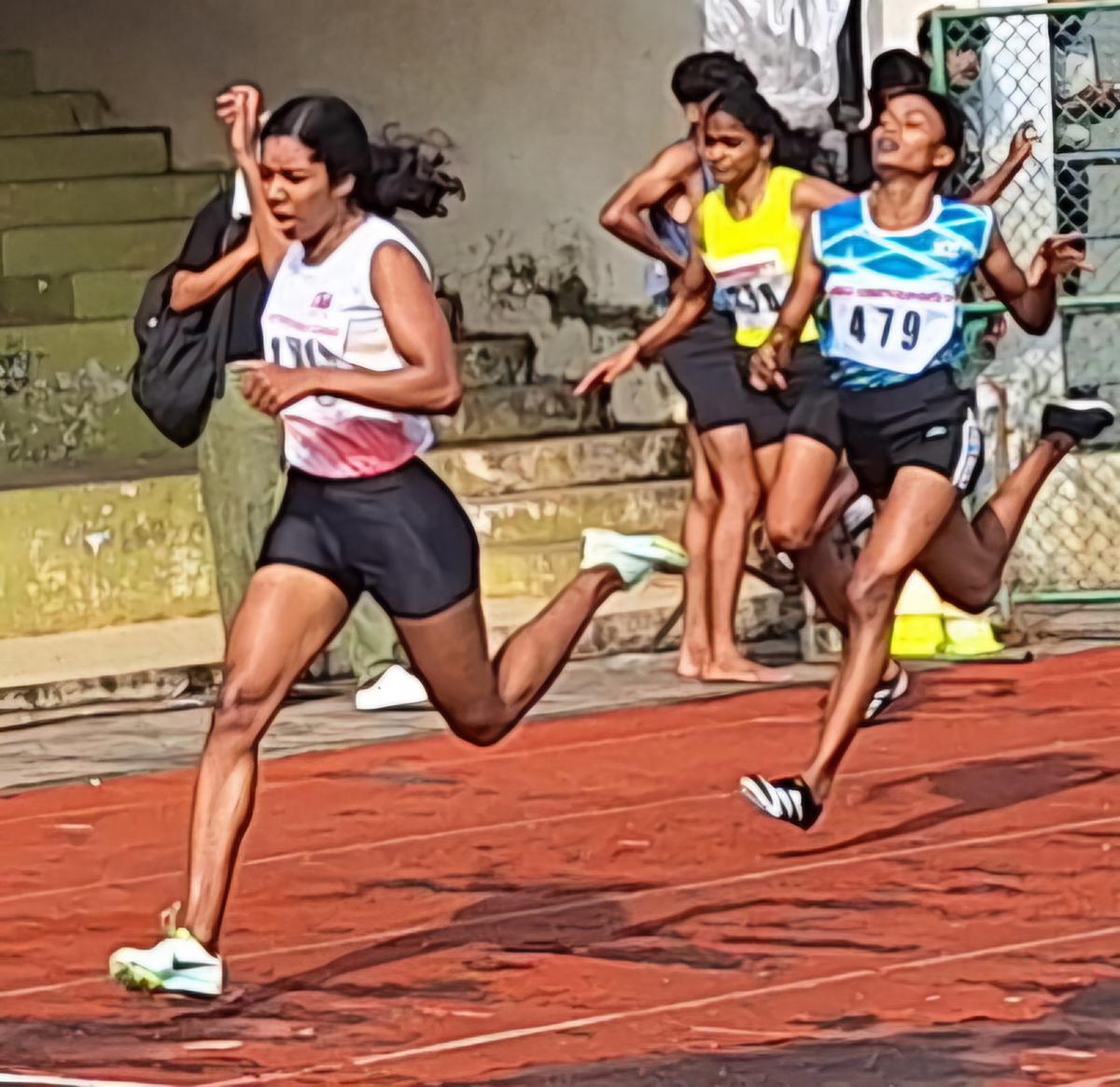 Maharaja’s V.S. Bhavika (left), the championship’s fastest woman, finished with a sprint double taking the 200m too. Photo: Stan Rayan