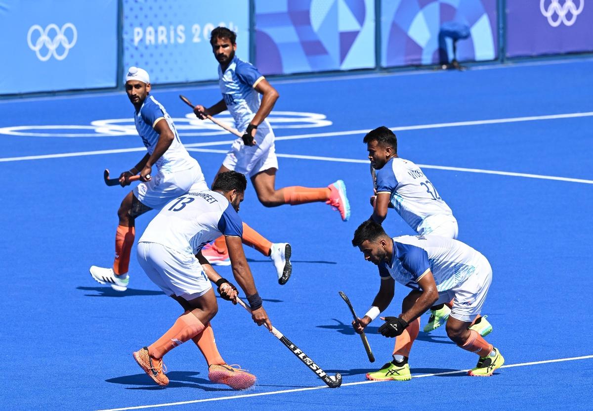 Indian captain Harmanpreet Singh scores his second goal in the men’s hockey bronze medal match against Spain, in Paris on August 8, 2024.