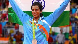 PV Sindhu celebrates winning the Silver medal at the 2016 Rio Olympics

