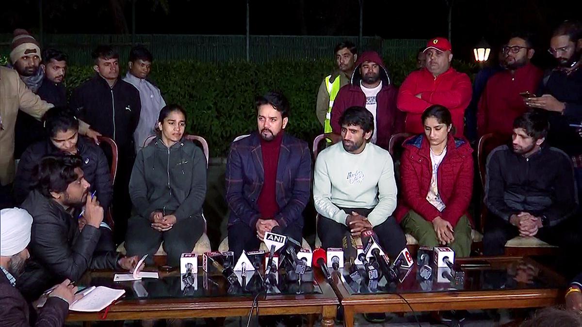 Union Minister of Sports and Youth Affairs Anurag Thakur along with wrestlers Bajrang Punia, Vinesh Phogat, Sakshee Malikkh, Babita Phogat and Ravi Kumar Dahiya address a joint press conference at his residence, in New Delhi on January 21, 2023