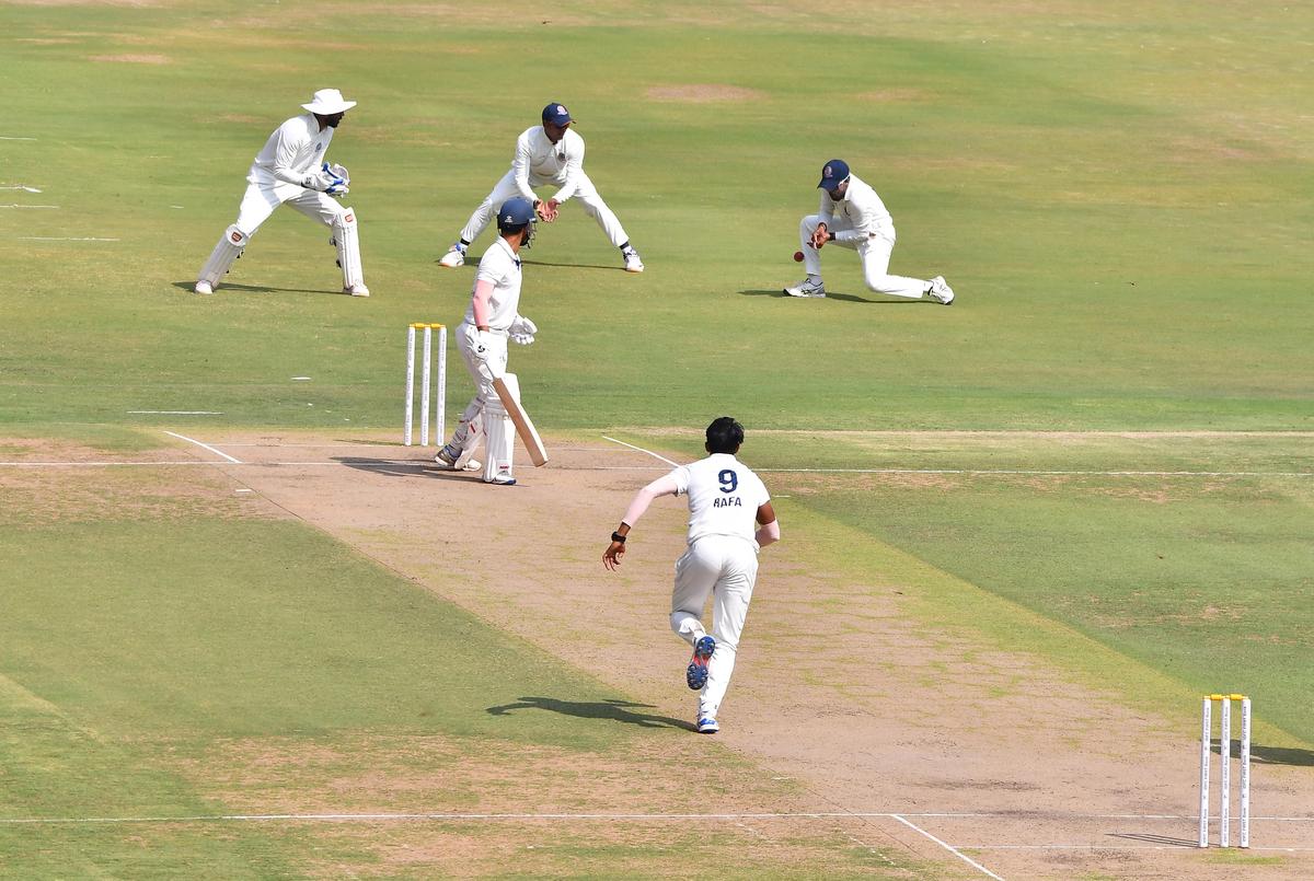 Costly miss: Karan Shinde grasses a simple offering from Tanmay on day one of the four-day Ranji Trophy Elite Group B match between Hyderabad and Andhra at the Rajiv Gandhi Stadium, Hyderabad, on Wednesday, November 13, 2024.  