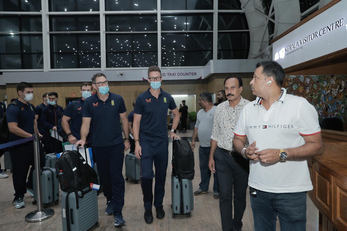 Members of the South African team arriving in Thiruvananthapuram on Sunday morning.