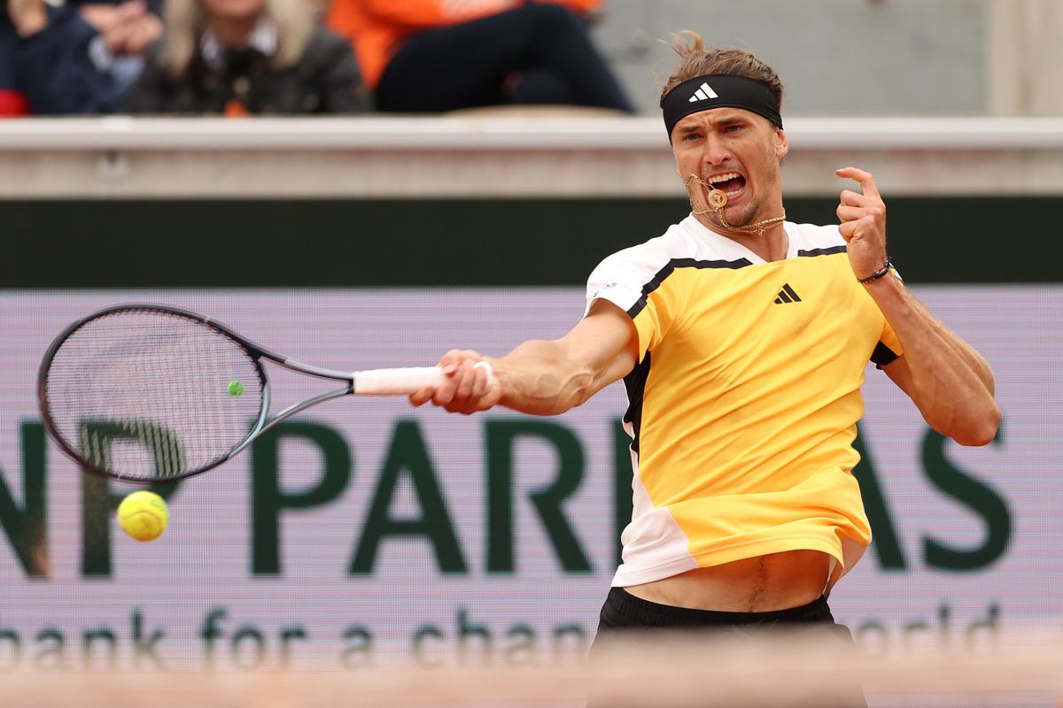 Germany’s Alexander Zverev plays a forehand against Belgium’s David Goffin during the French Open 2024 tennis championship at Rolland Garros, in Paris on May 30, 2024.