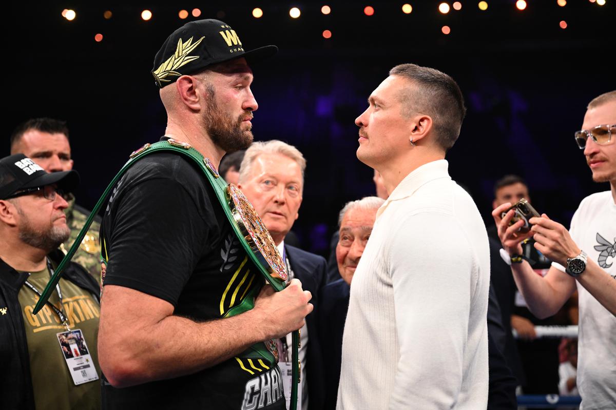 At long last: Unified heavyweight champion Oleksandr Usyk, who was in the audience, and Fury engaged in a stare-down inside the ring to build the hype for their upcoming fight, which will crown an undisputed heavyweight champion after decades. | Photo credit: Getty Images