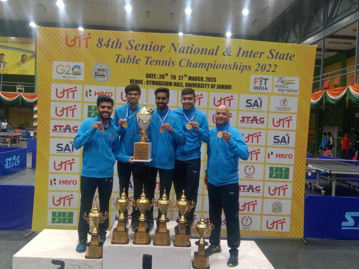 The victorious PSPB men’s squad in the UTT-84th senior National and Inter-State table tennis championships in Jammu on March 23.