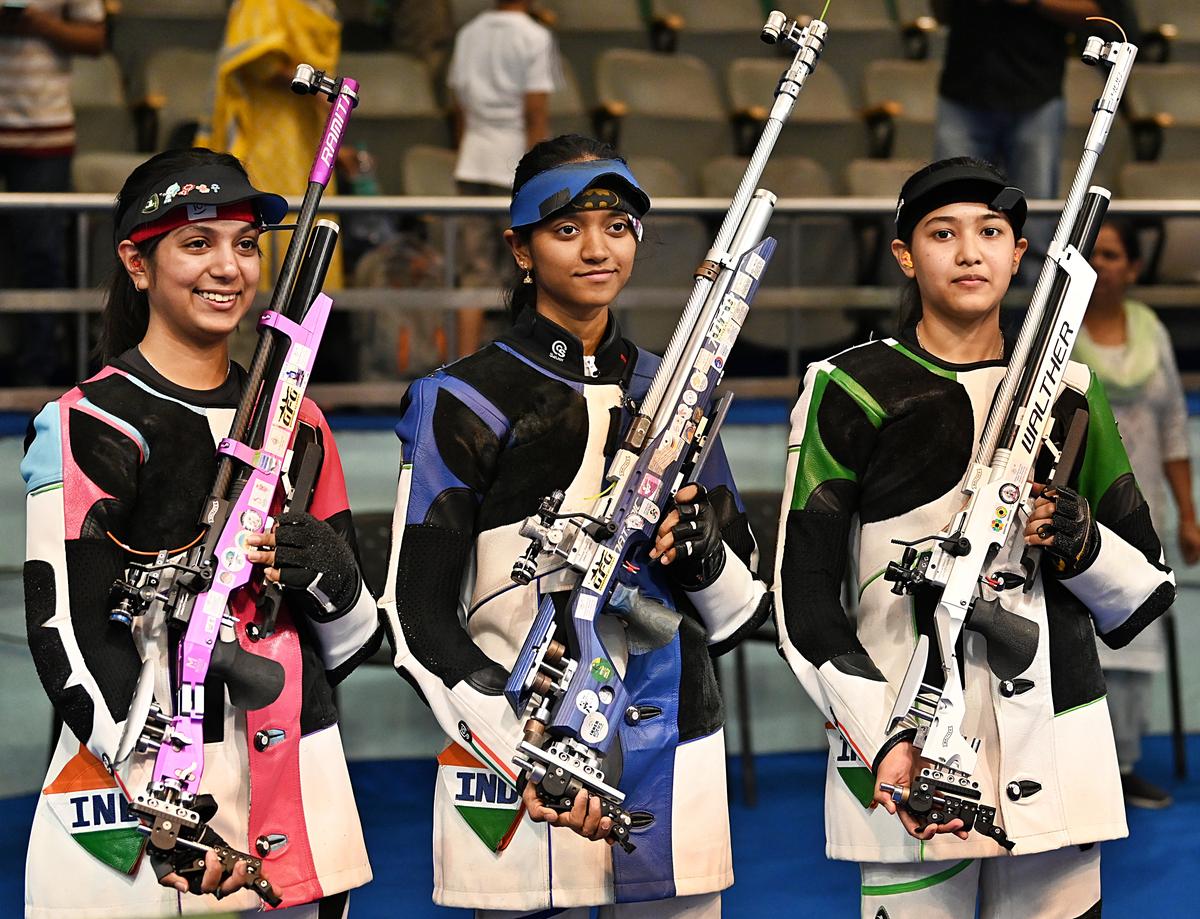 Ramita, topper Elavenil and Tilottama in the air rifle trials.