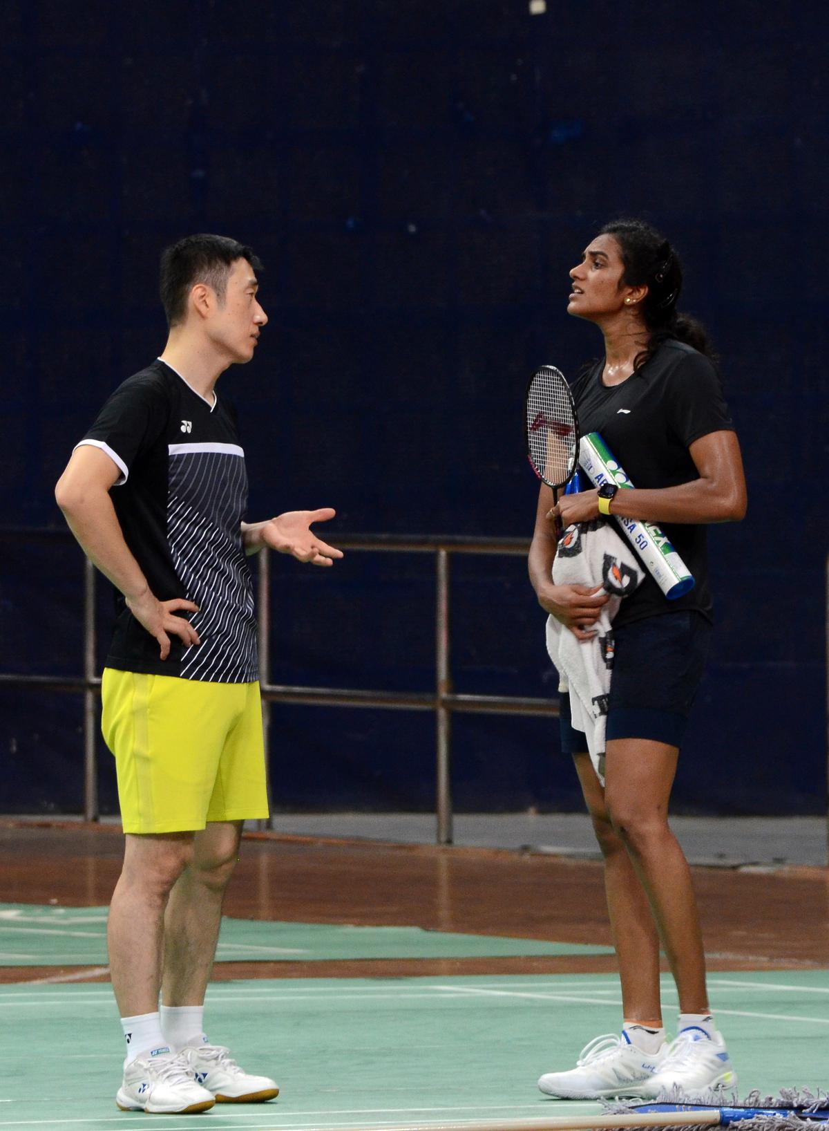 Coach Park Tae-Sang with P.V. Sindhu at the Gachibowli Indoor Stadium in Hyderabad on July 23, 2022, after her final training session before departing for the Birmingham Commonwealth Games.