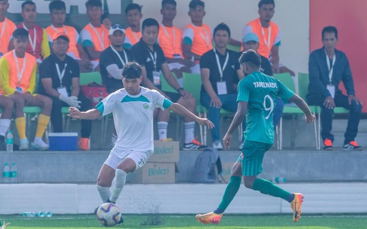 Tamil Nadu and Meghalaya locked in a tight battle in the Santosh Trophy national football championship in Hyderabad on Sunday, December 15, 2024.