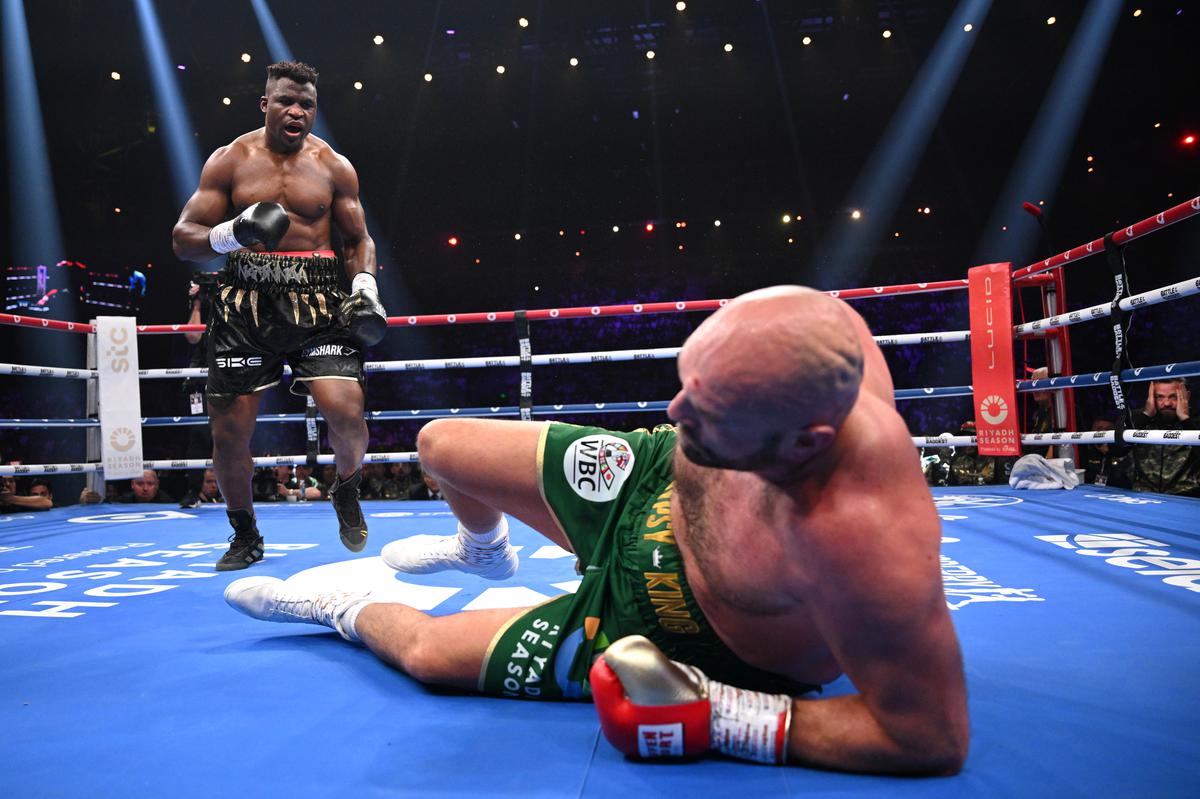Packing a punch: Despite never having boxed before, Ngannou more than held his own against the reigning WBC heavyweight champion. In the third round, he landed a left hook to drop Fury to the canvas. | Photo credit: Getty Images