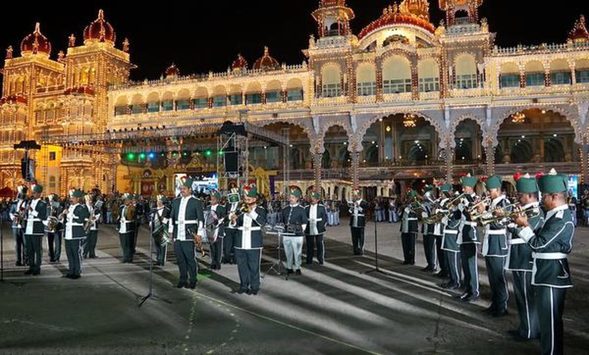 A police band performs in front of the Mysuru Palace on Friday as part of the Dasara celebrations. 